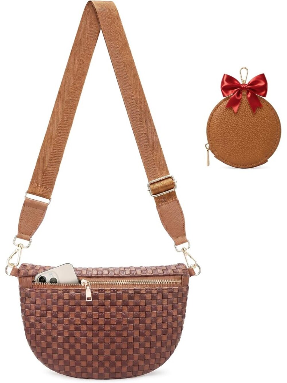 Woven Crossbody Bag for Women Fashion Checkered Purse Vegan Leather Bum bag with